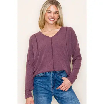 Finley V-Neck Exposed Stitch Long Sleeve Knit Top