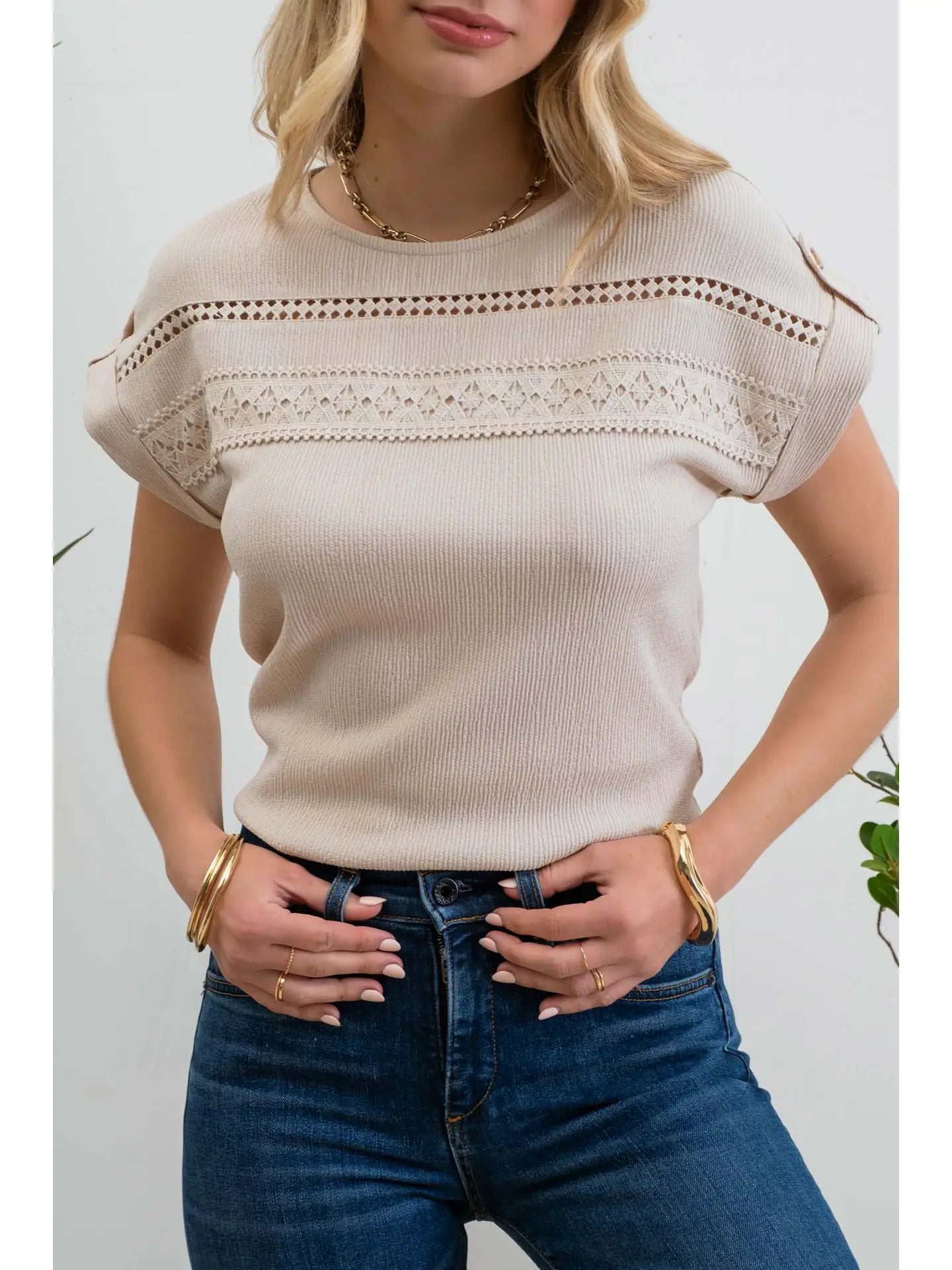 Anilese Short Tab Sleeve Lace Trim Crinkle Knit Blouse