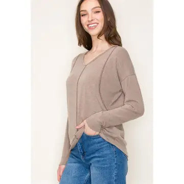 Harlow V-Neck Exposed Stitch Long Sleeve Knit Top