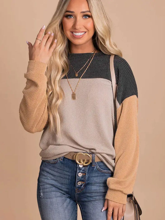 Willa Black Color Block Long Sleeve Ribbed Loose Top