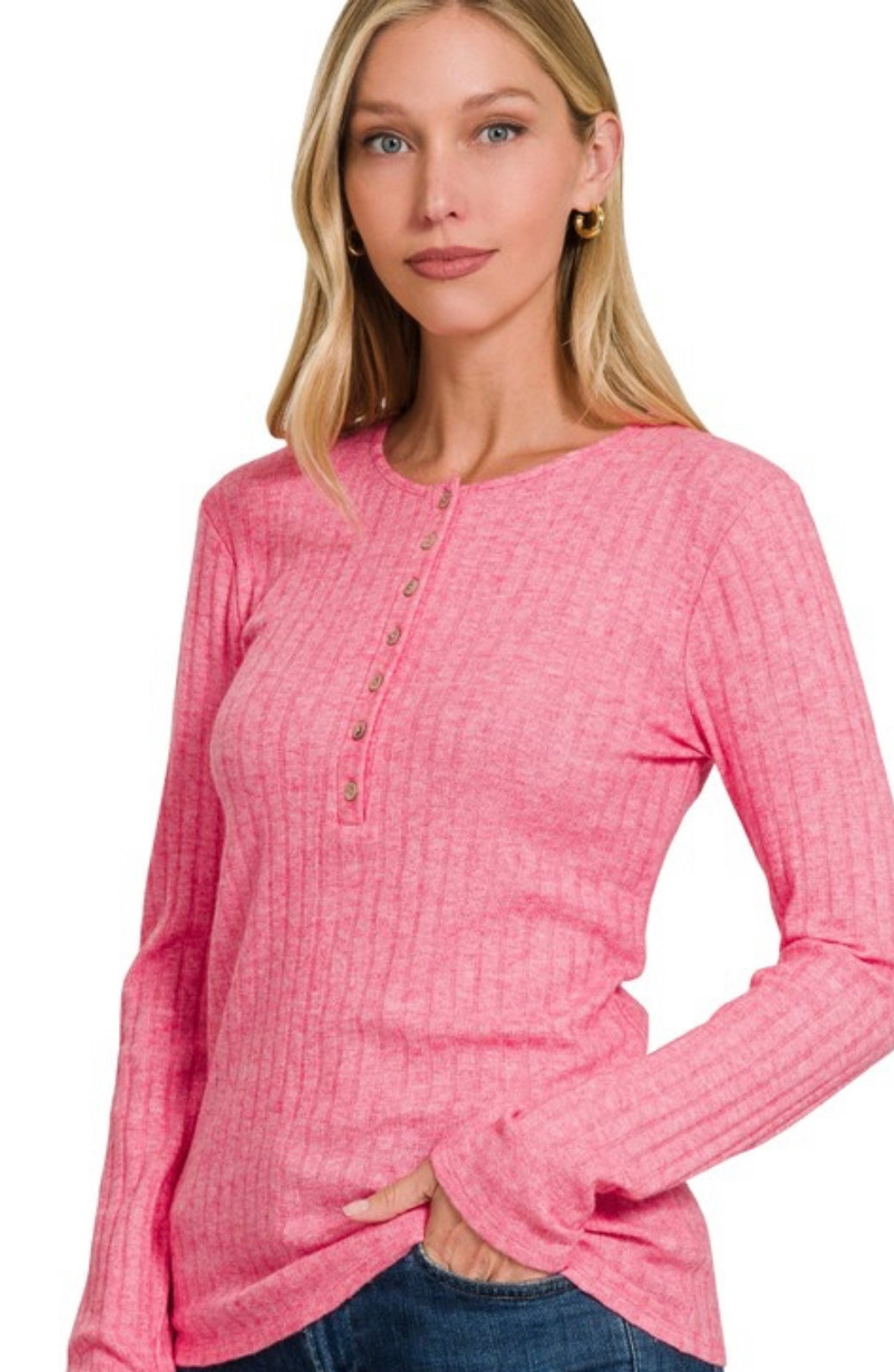 RIBBED LONG SLEEVE BUTTON DOWN TOP ( VIVA MAGENTA)